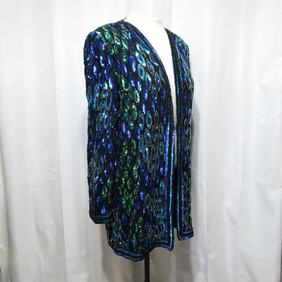 Vintage Sequin Embellished Peacock Jacket Art Deco Blue Green Purple - Picture 1 of 11